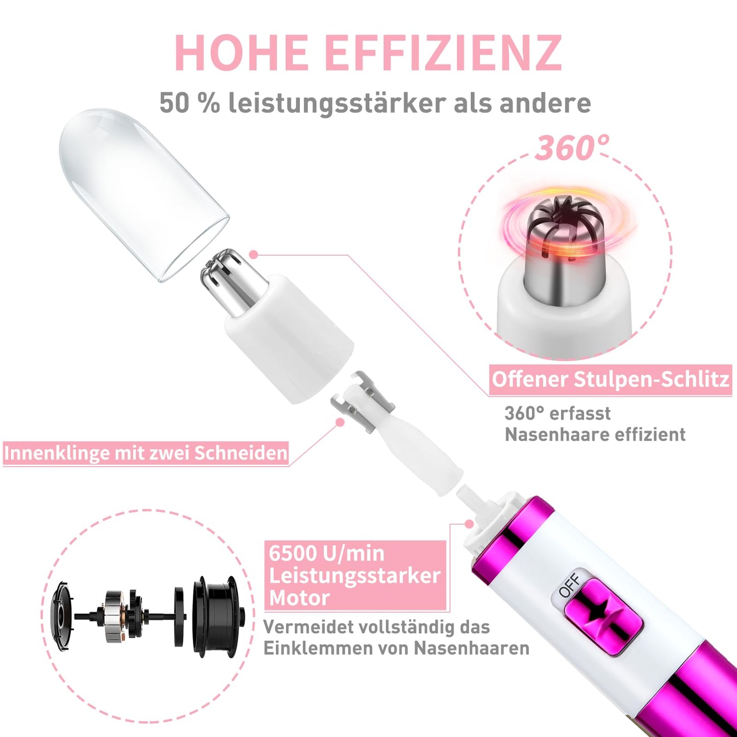 Nasenhaartrimmer Damen Schmerzlos Ohr & Gesichtstrimmer Augenbrauentrimmer Wasserdicht Rosa Lila