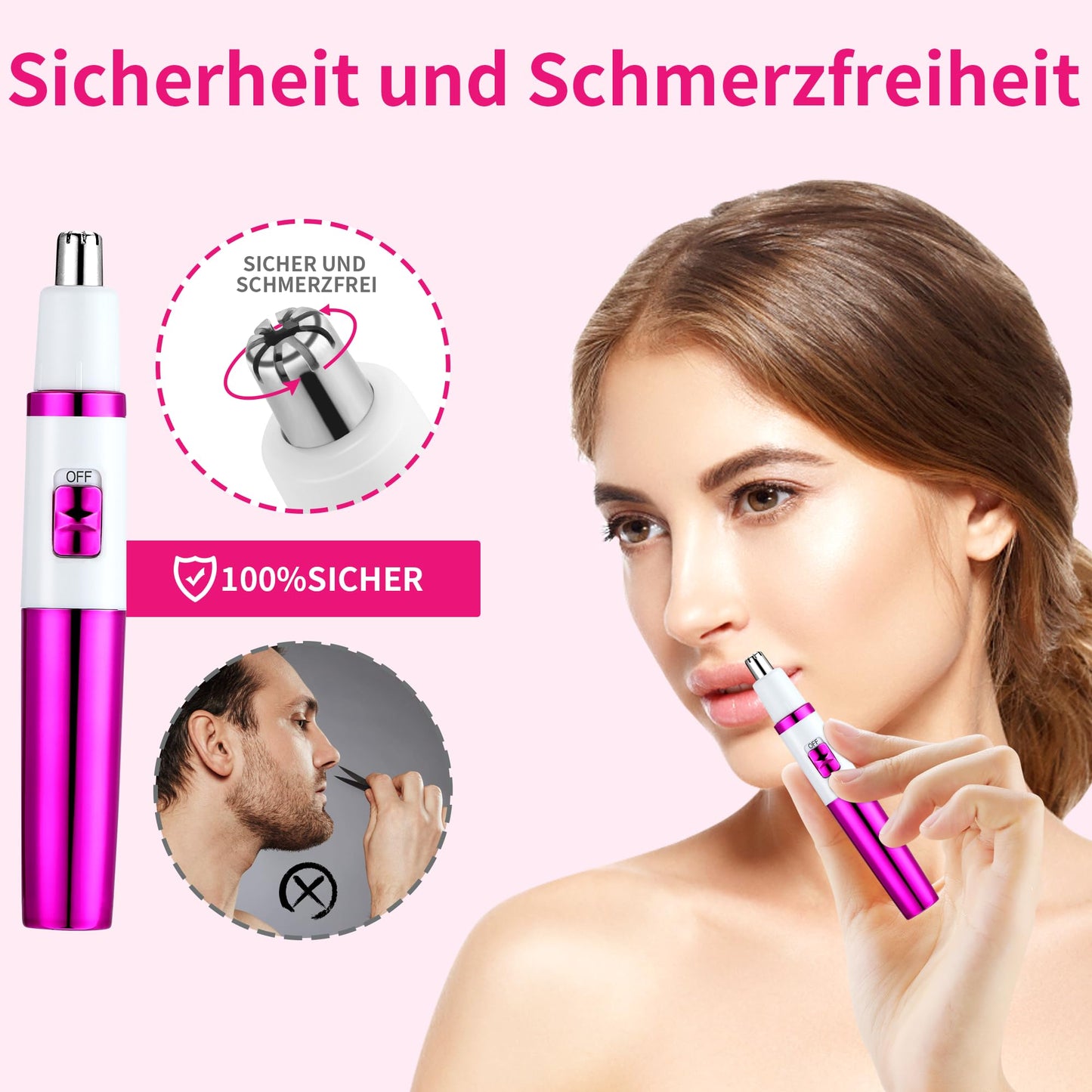Nasenhaartrimmer Damen Schmerzlos Ohr & Gesichtstrimmer Augenbrauentrimmer Wasserdicht Rosa Lila