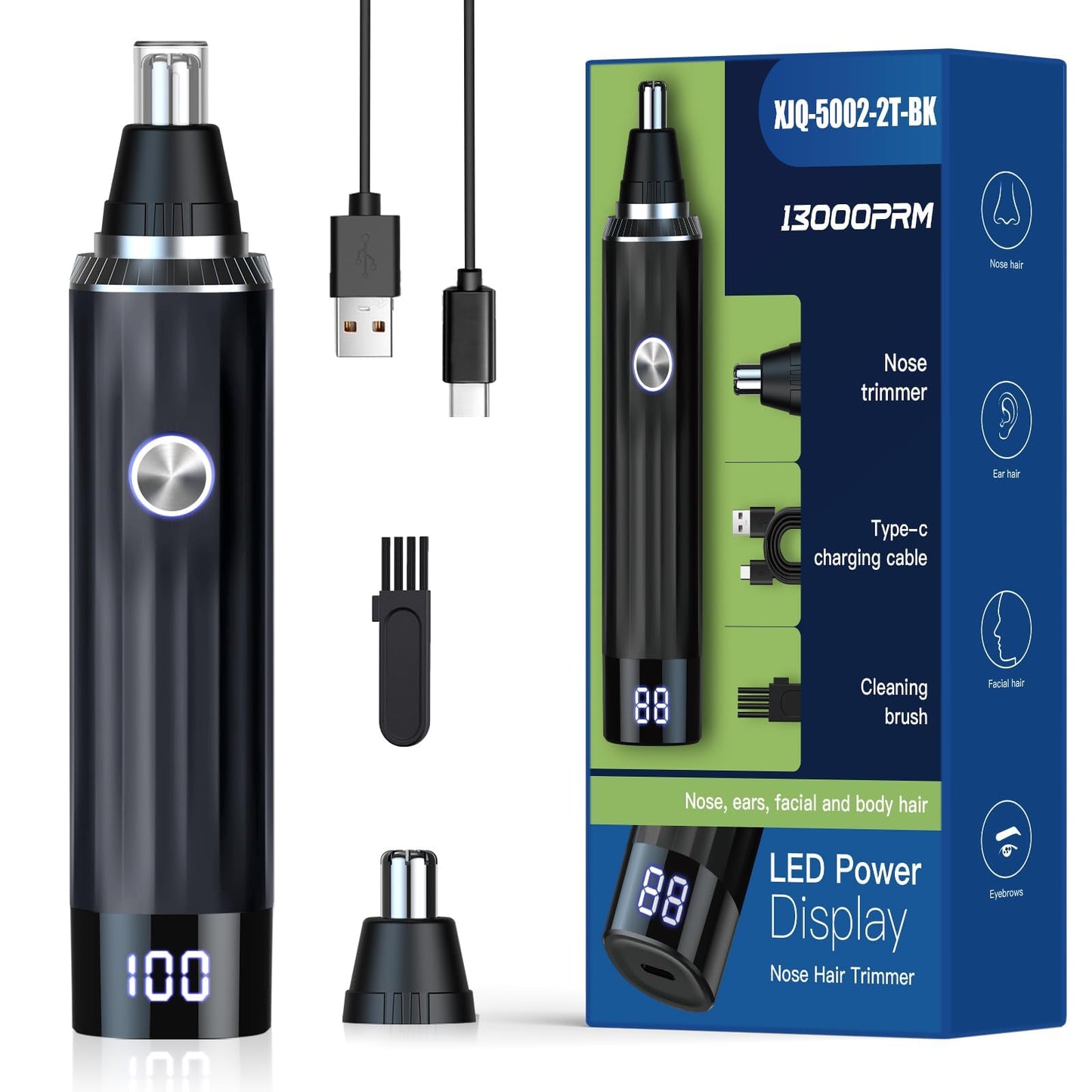 2in1 Nasenhaartrimmer Ohrhaartrimmer USB Wiederaufladbar LED Anzeige IPX7 Wasserdicht Schmerzfrei
