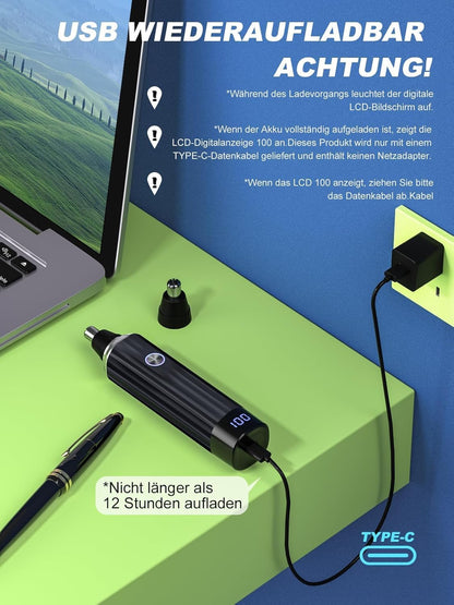 2in1 Nasenhaartrimmer Ohrhaartrimmer USB Wiederaufladbar LED Anzeige IPX7 Wasserdicht Schmerzfrei