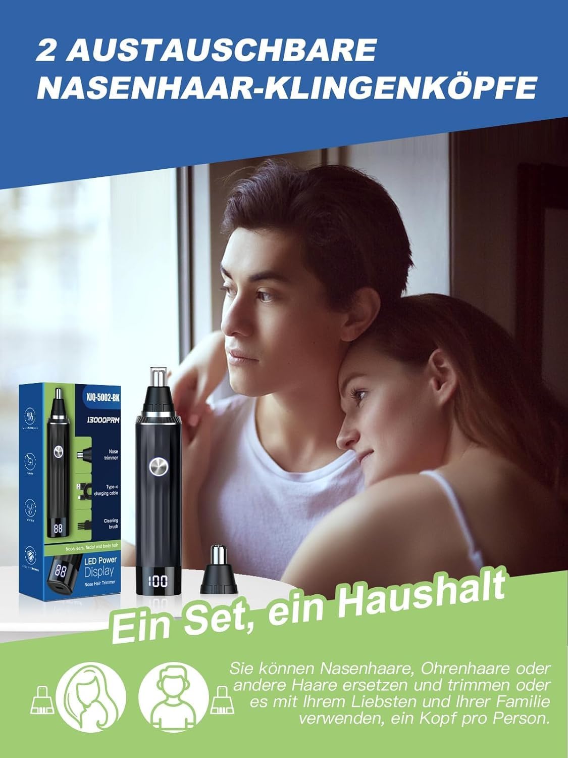 2in1 Nasenhaartrimmer Ohrhaartrimmer USB Wiederaufladbar LED Anzeige IPX7 Wasserdicht Schmerzfrei